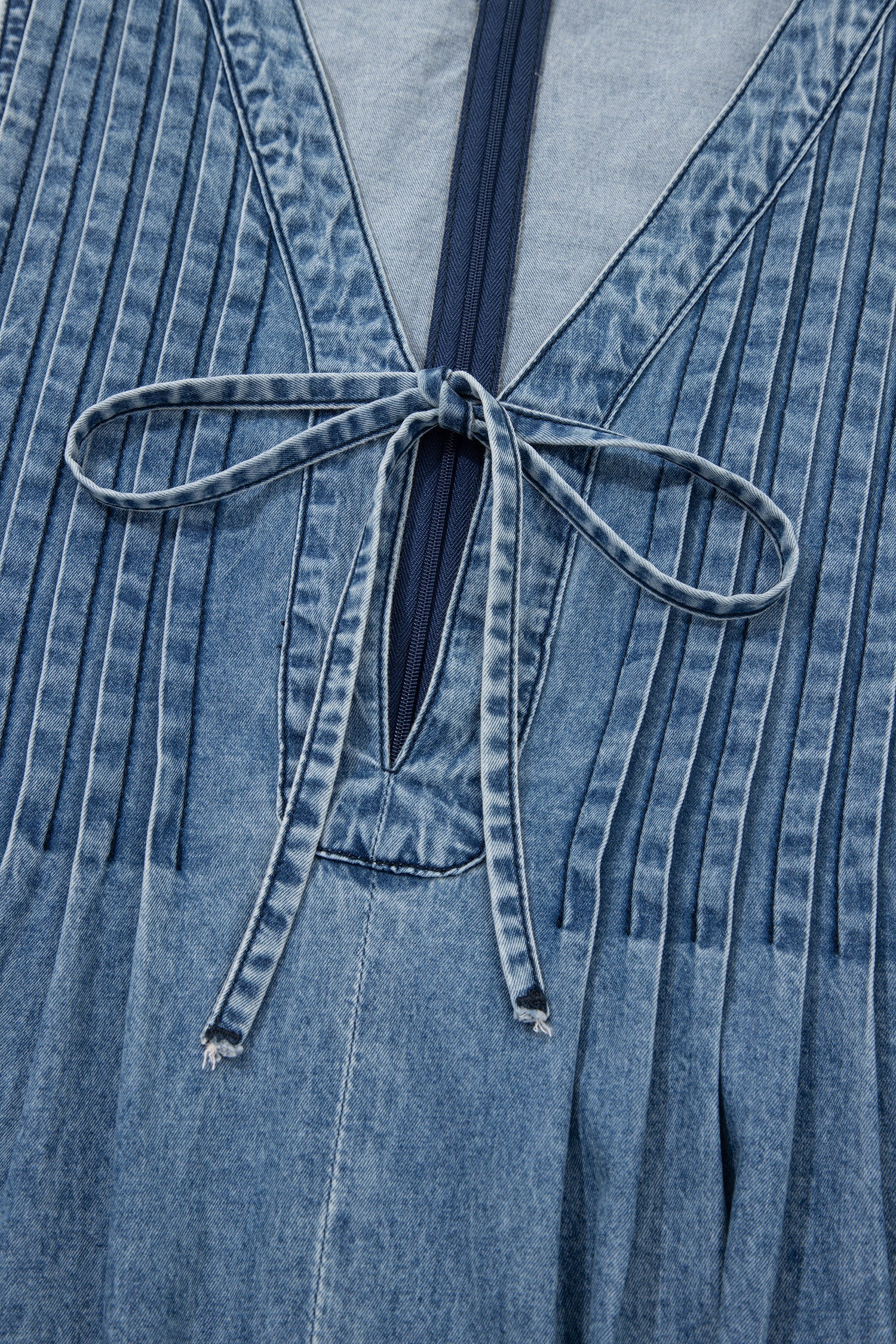 Dusk Blue Acid Wash Pintuck Tie V Neck Denim Wide Leg Jumpsuit-Bottoms/Jumpsuits & Rompers-[Adult]-[Female]-2022 Online Blue Zone Planet
