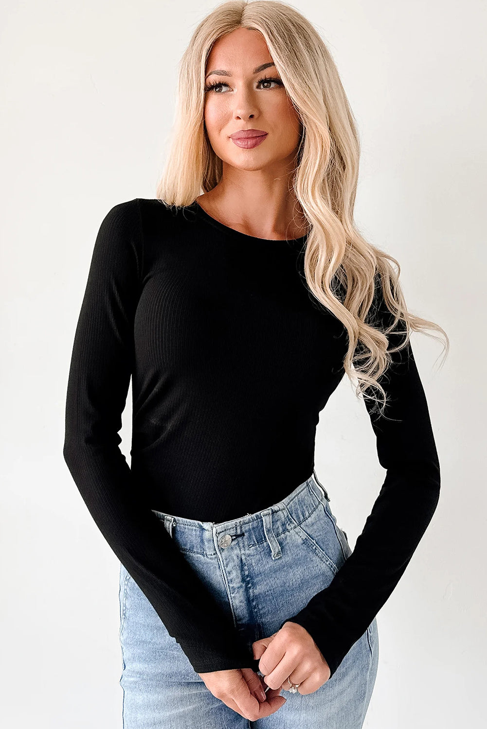 Black Ribbed Long Sleeve Crew Neck Solid Color Bodysuit-Tops/Bodysuits-[Adult]-[Female]-2022 Online Blue Zone Planet