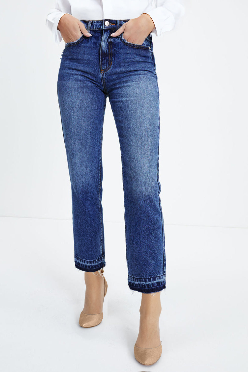 Dark Blue Whiskered Wash Raw Hem Cropped Jeans-Bottoms/Jeans-[Adult]-[Female]-2022 Online Blue Zone Planet