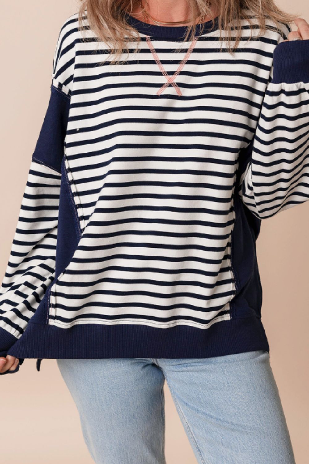 Exposed Seam Striped Long Sleeve Sweatshirt-TOPS / DRESSES-[Adult]-[Female]-2022 Online Blue Zone Planet