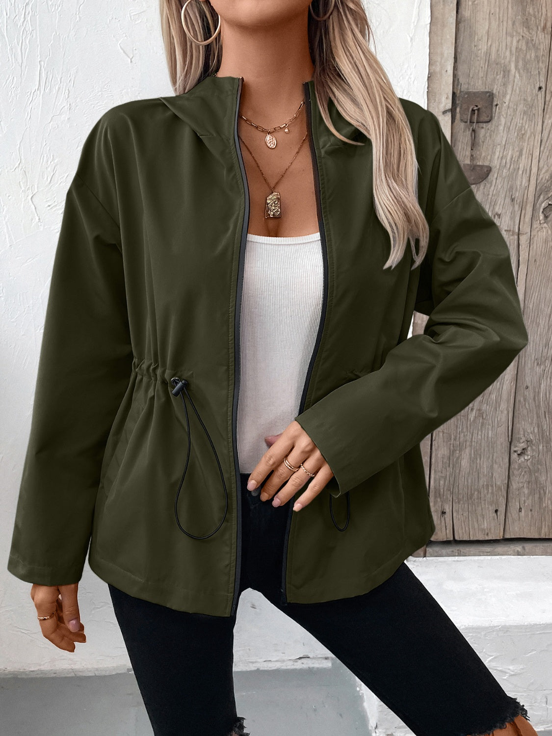 Blue Zone Planet | Drawstring Zip Up Hooded Jacket-TOPS / DRESSES-[Adult]-[Female]-Army Green-S-2022 Online Blue Zone Planet