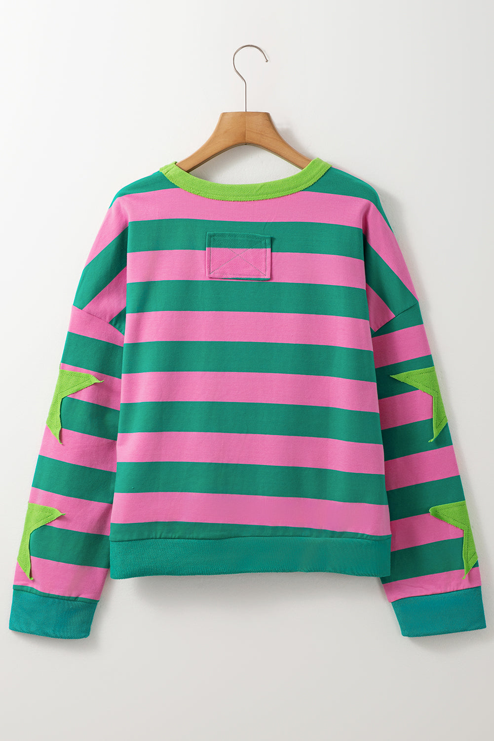 Blue Zone Planet | Pink Stripe Star Patchwork Round Neck Pullover Sweatshirt-Tops/Sweatshirts & Hoodies-[Adult]-[Female]-2022 Online Blue Zone Planet