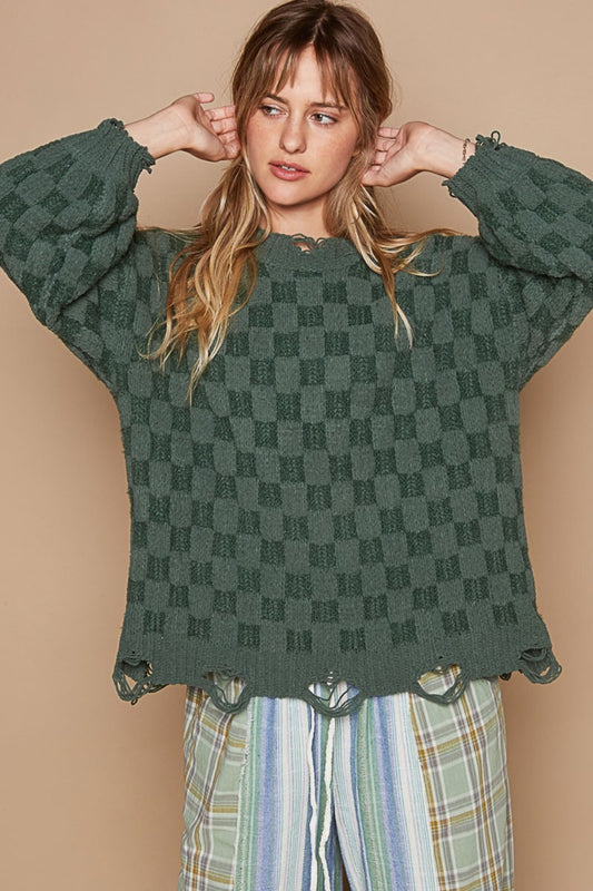 Blue Zone Planet | POL Checkered Distressed Edge Sweater-TOPS / DRESSES-[Adult]-[Female]-Forest Green-S-2022 Online Blue Zone Planet