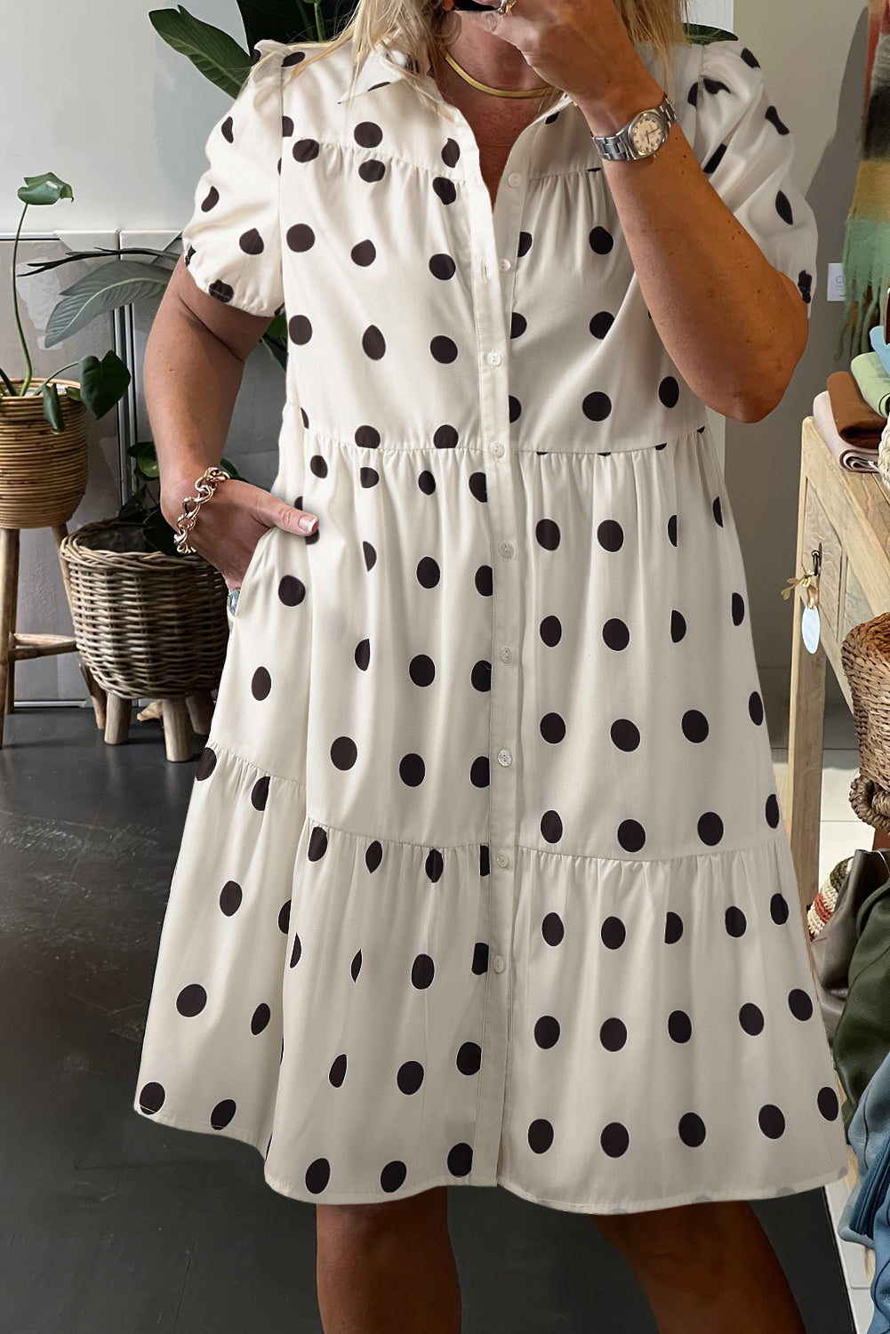 White Polka Dot Print Short Sleeve Collar Buttoned Tiered Babydoll Dress-TOPS / DRESSES-[Adult]-[Female]-2022 Online Blue Zone Planet