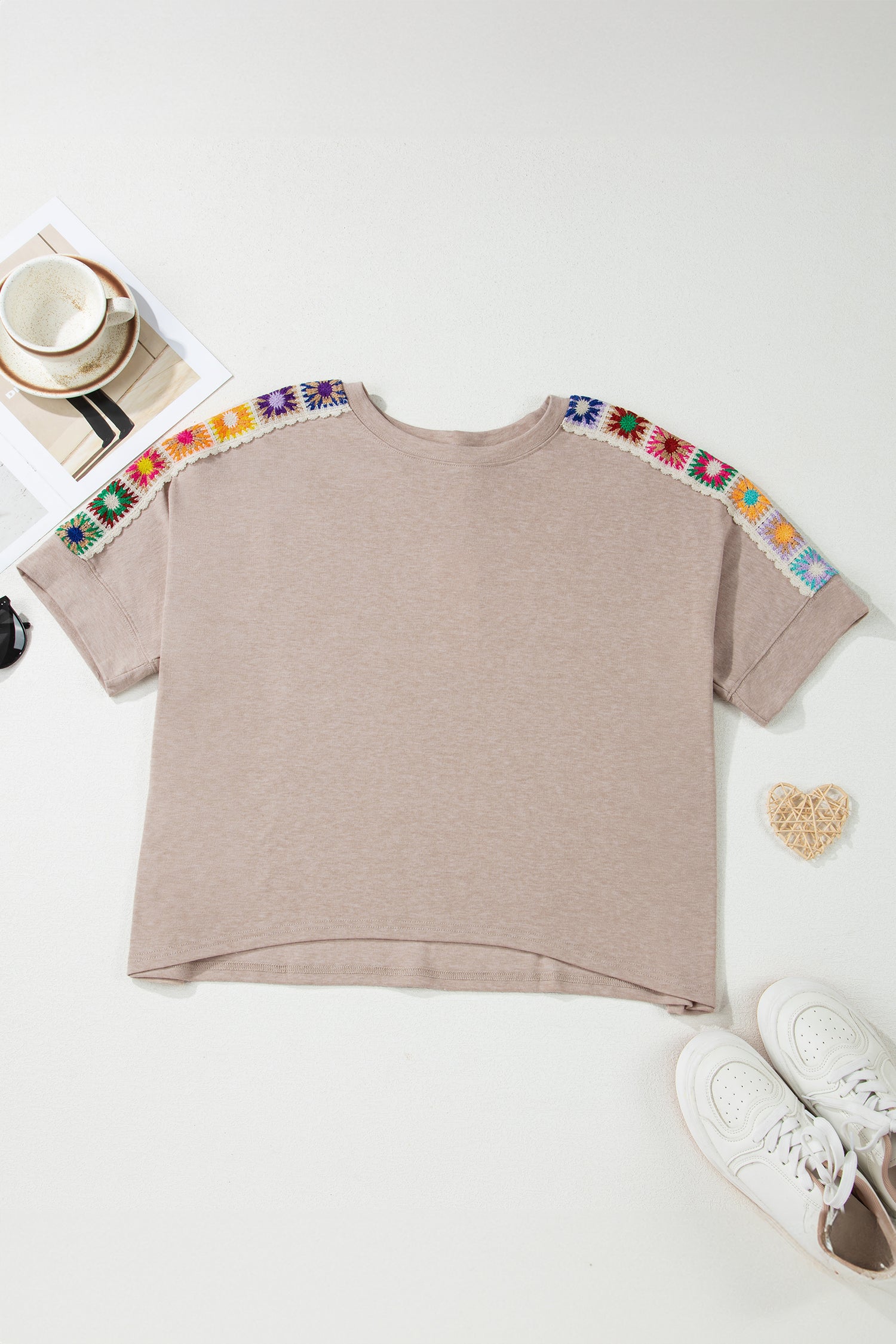 Parchment Granny Square Crochet Detail Loose T Shirt-Tops/Tops & Tees-[Adult]-[Female]-2022 Online Blue Zone Planet