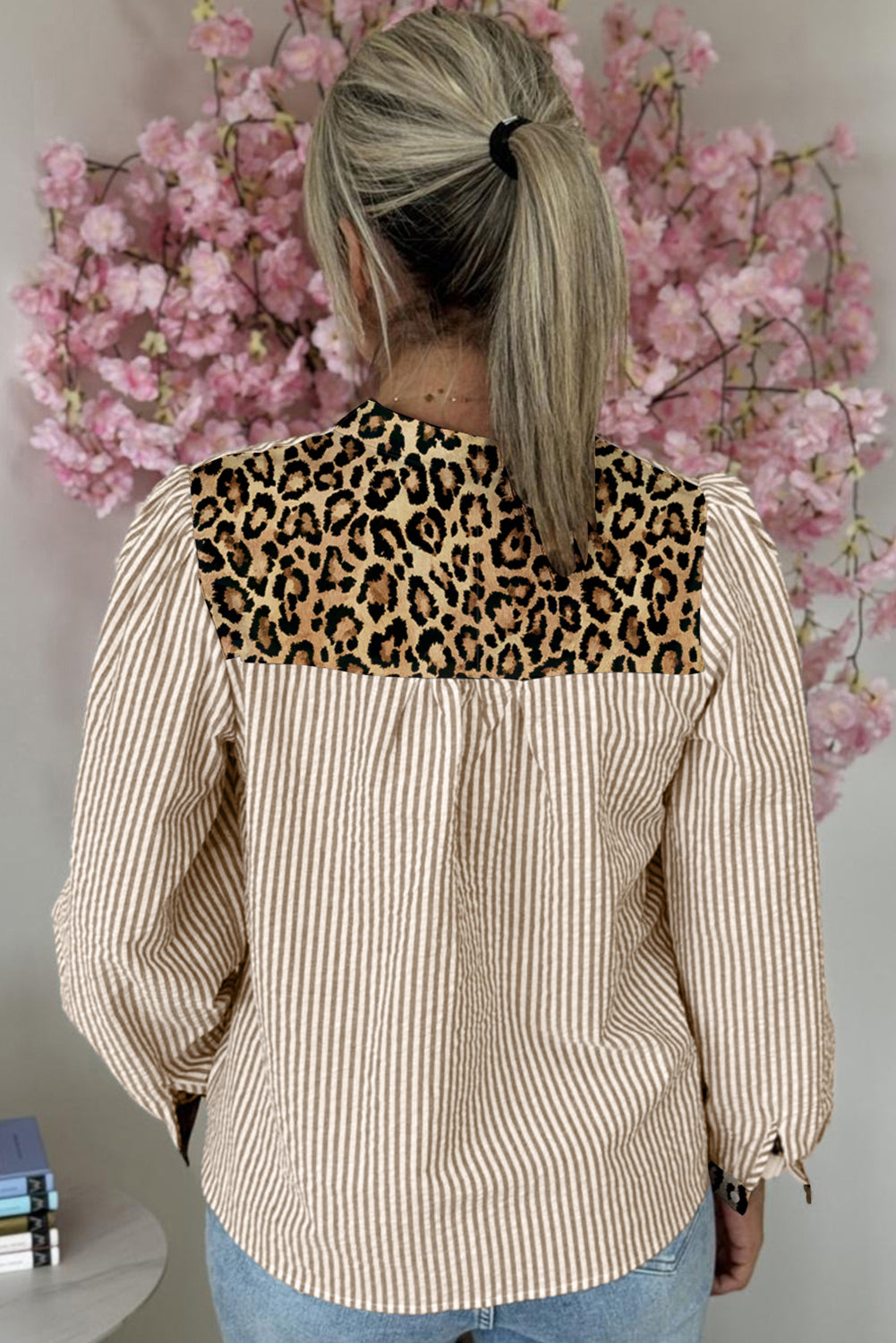Brown Stripe Leopard Patchwork Long Sleeve Shirt-Tops/Blouses & Shirts-[Adult]-[Female]-2022 Online Blue Zone Planet