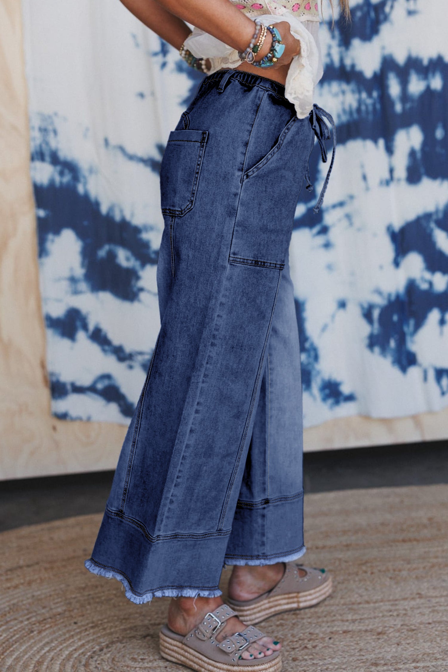 Prussian Blue Drawstring Seam Detail Raw Hem Wide Leg Denim Pants-Bottoms/Jeans-[Adult]-[Female]-2022 Online Blue Zone Planet
