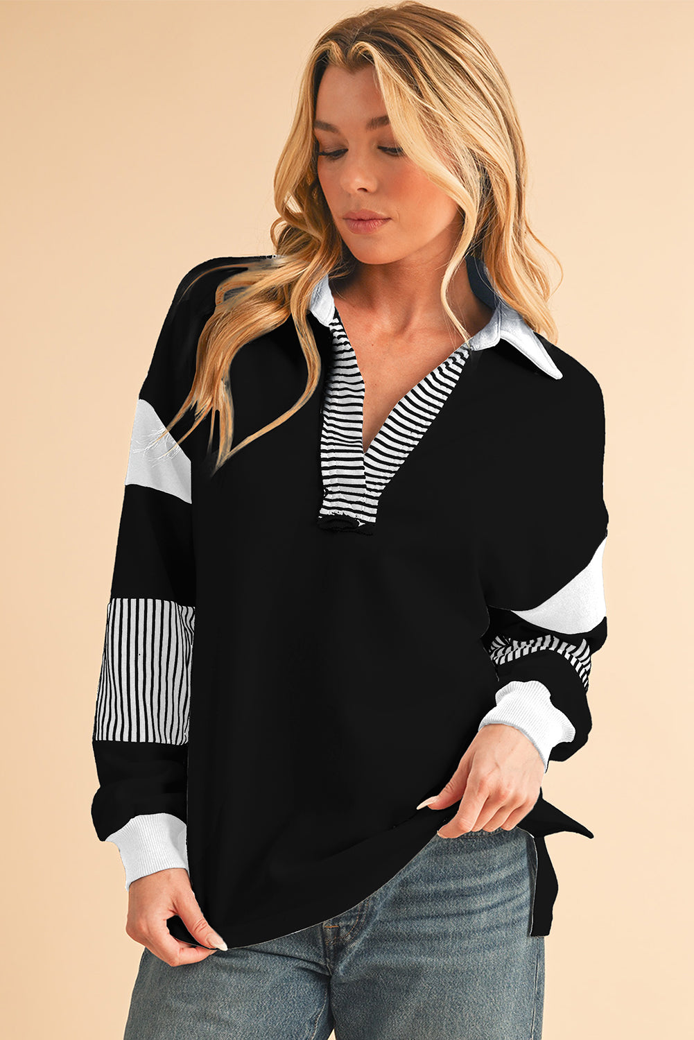 Sail Blue Striped Patchwork Collar Sweatshirt-Sweatshirts & Hoodies-[Adult]-[Female]-Black-S-2022 Online Blue Zone Planet