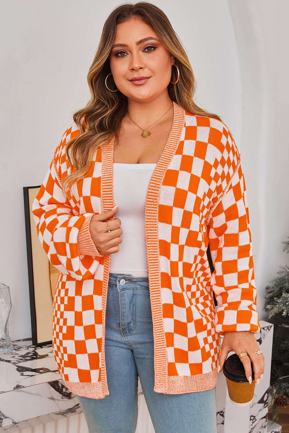 Orange Checkered Bubble Sleeve Drop Shoulder Open Cardigan-Plus Size/Plus Size Sweaters & Cardigans-[Adult]-[Female]-2022 Online Blue Zone Planet