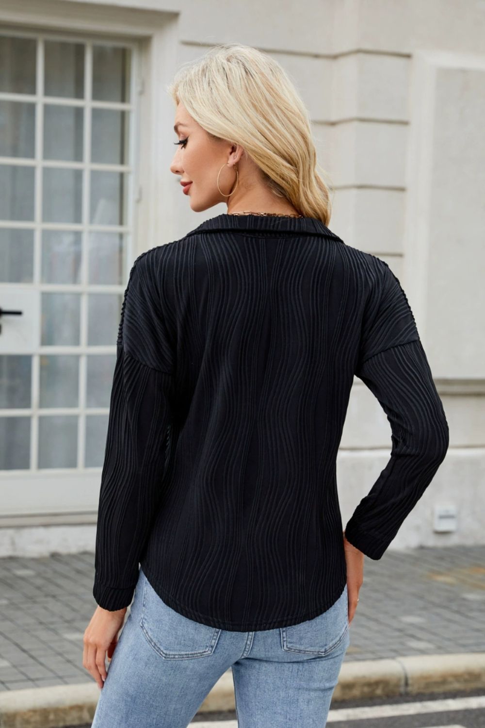 Texture Collared Neck Long Sleeve Blouse-TOPS / DRESSES-[Adult]-[Female]-2022 Online Blue Zone Planet