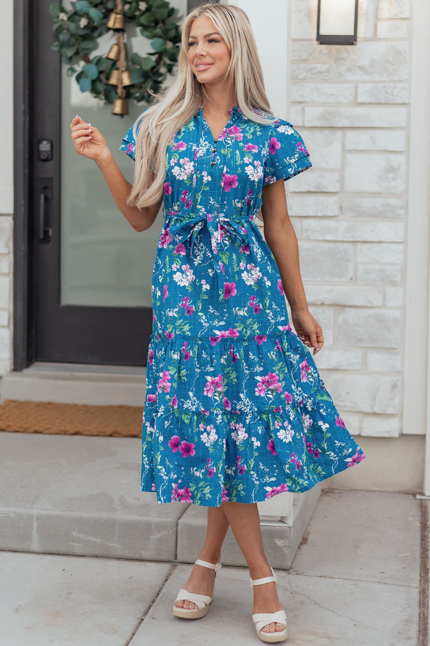 Blue Floral Flutter Sleeve Button Tie Split Neck Belted Long Dress-TOPS / DRESSES-[Adult]-[Female]-2022 Online Blue Zone Planet