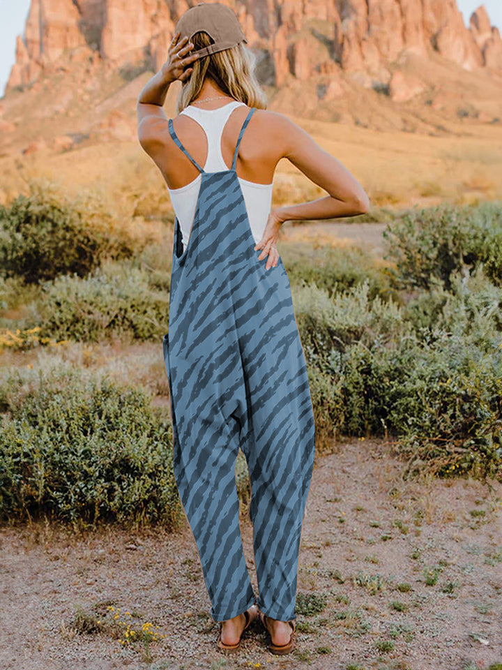 Full Size Printed V-Neck Sleeveless Jumpsuit-BOTTOMS SIZES SMALL MEDIUM LARGE-[Adult]-[Female]-2022 Online Blue Zone Planet