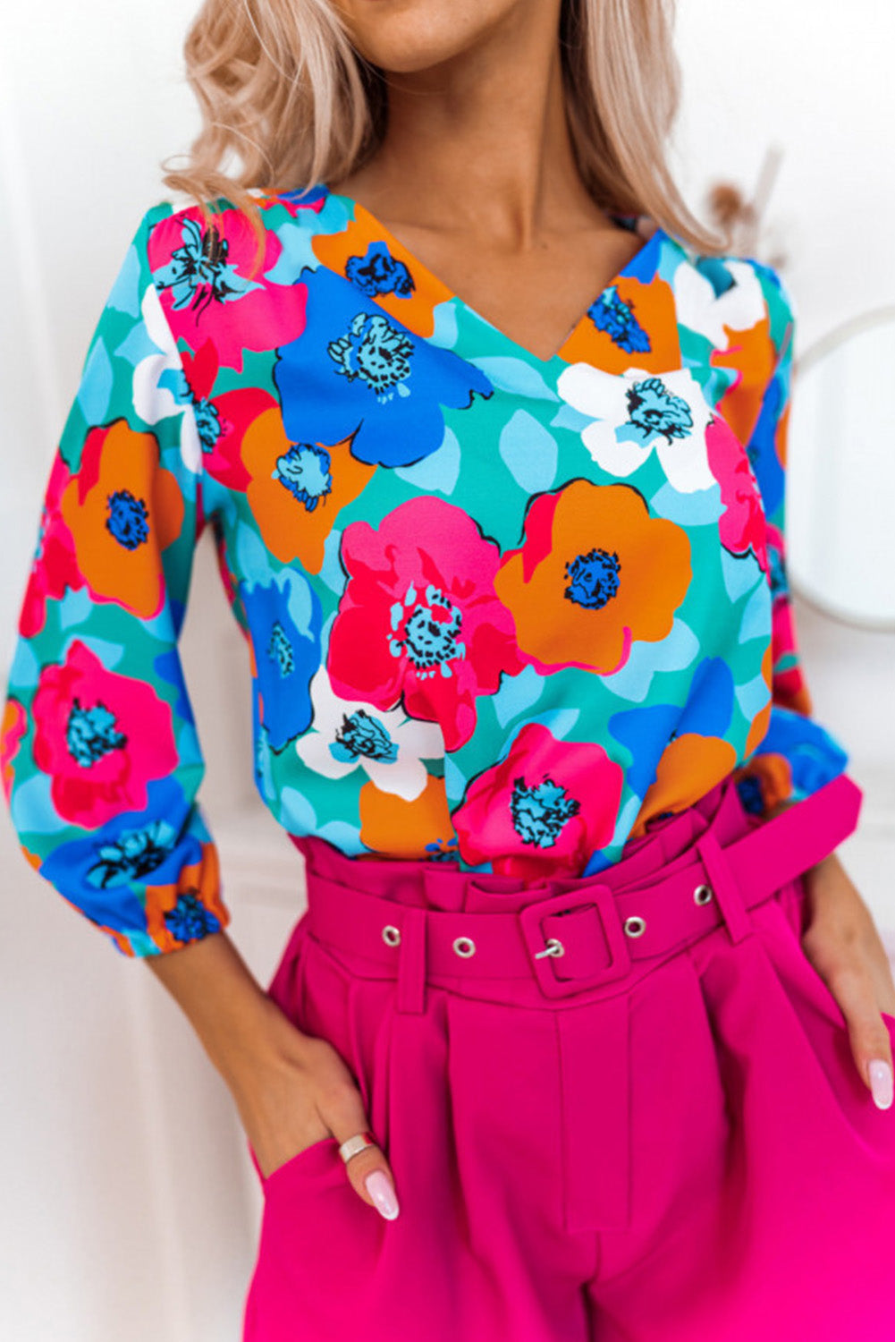 Multicolor Floral Print V Neck 3/4 Sleeve Blouse-Tops/Blouses & Shirts-[Adult]-[Female]-Multicolor-S-2022 Online Blue Zone Planet