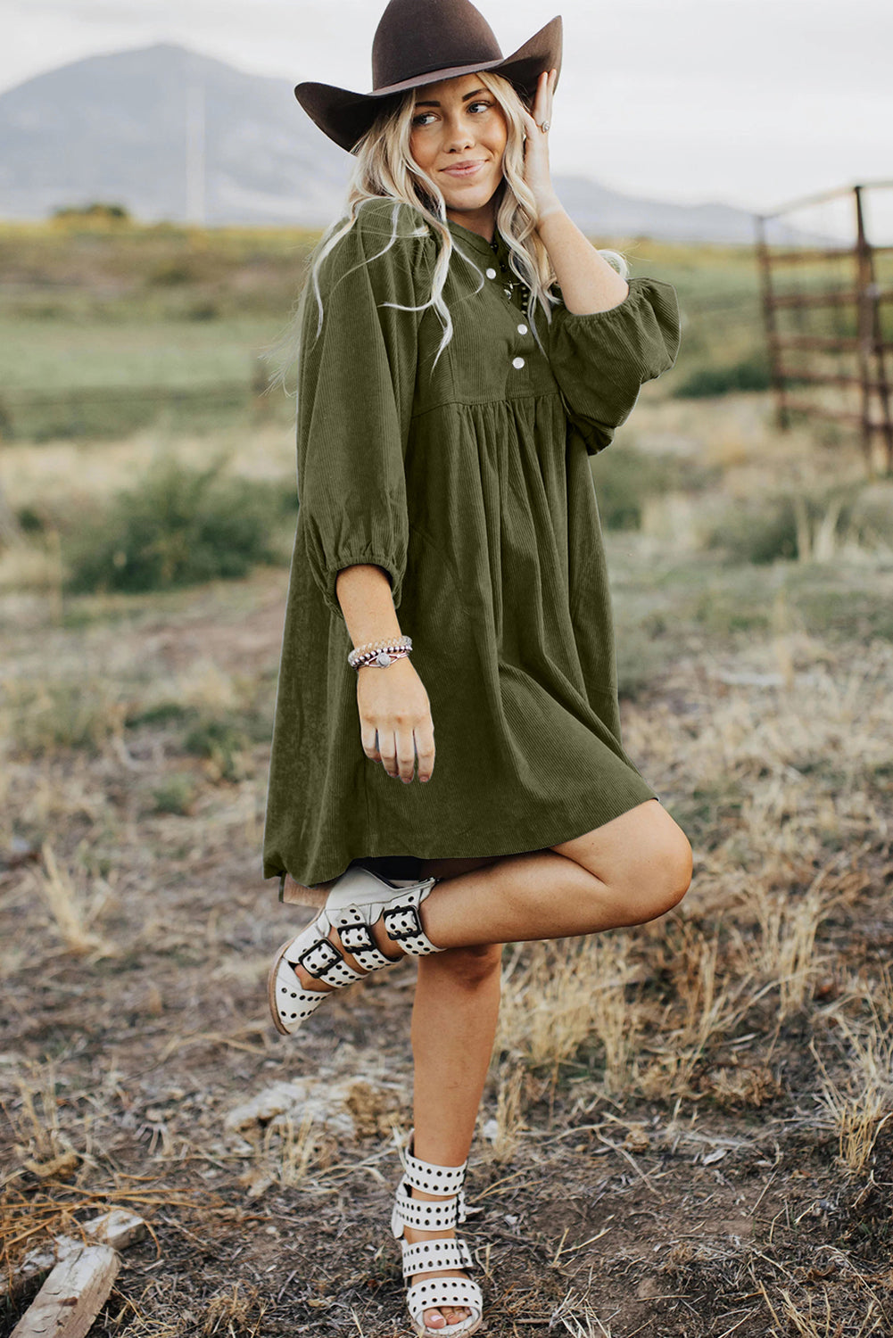 Blue Zone Planet | Vineyard Green Corduroy Snap Buttons Empire Waist Bracelet Sleeve Mini Dress-TOPS / DRESSES-[Adult]-[Female]-2022 Online Blue Zone Planet