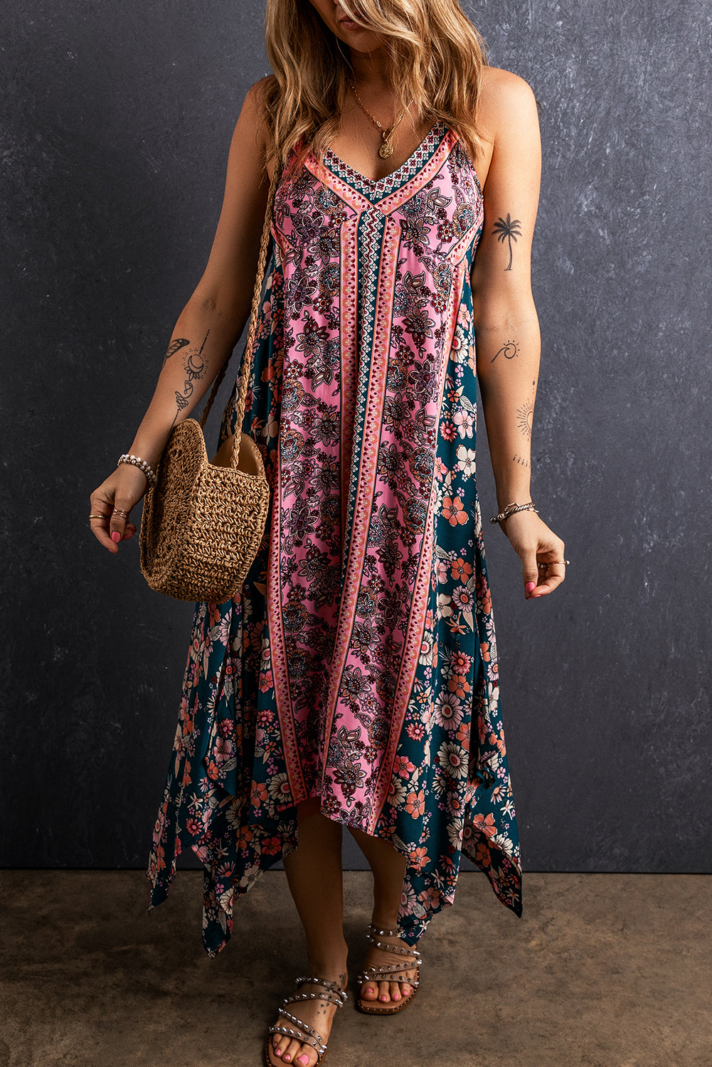 Blue Zone Planet | Pink Bohemian Floral Patchwork Print Long Sundress-TOPS / DRESSES-[Adult]-[Female]-2022 Online Blue Zone Planet