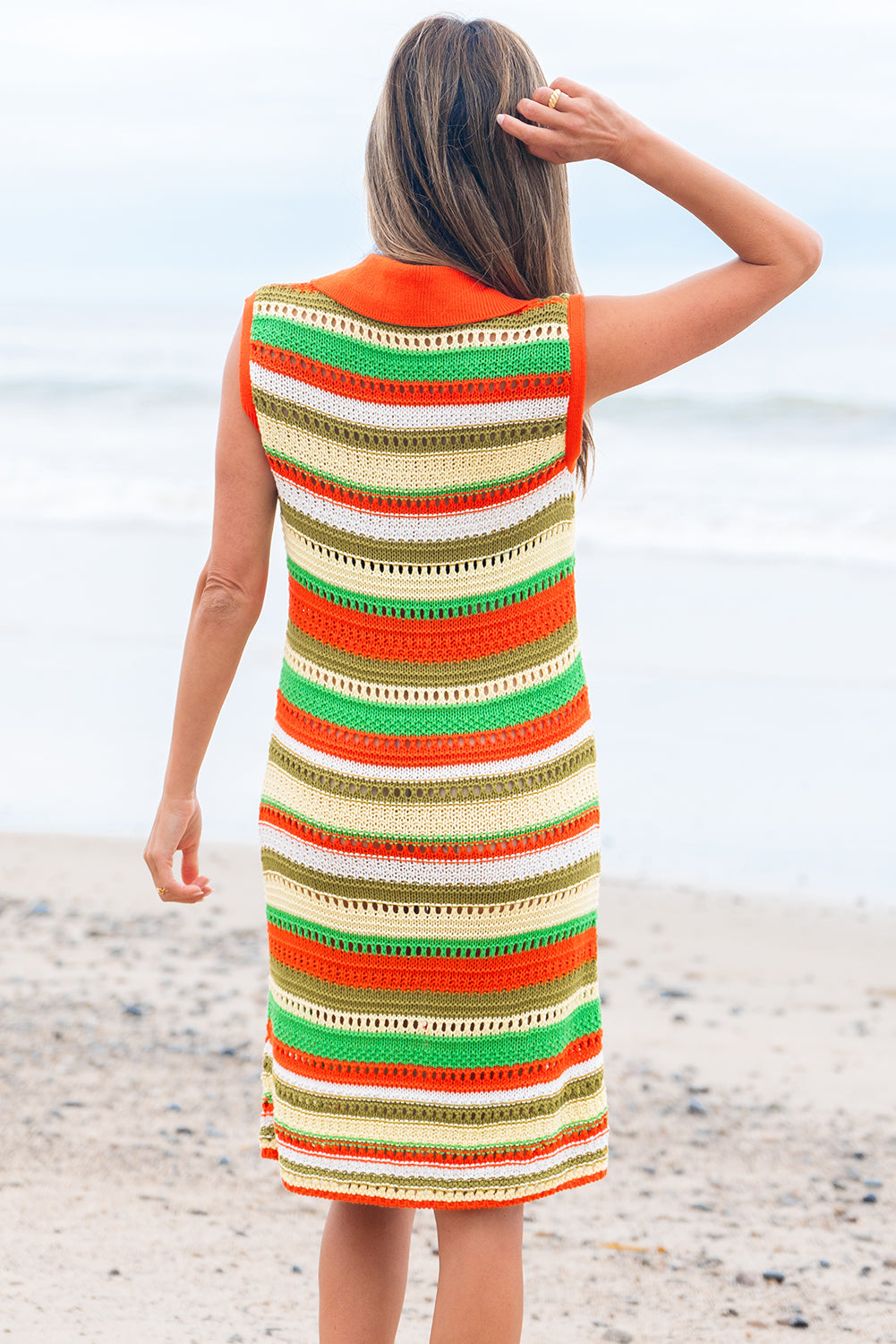 Yellow Stripe Eyelet Sleeveless Buttoned Split Neck Sweater Dress-TOPS / DRESSES-[Adult]-[Female]-2022 Online Blue Zone Planet