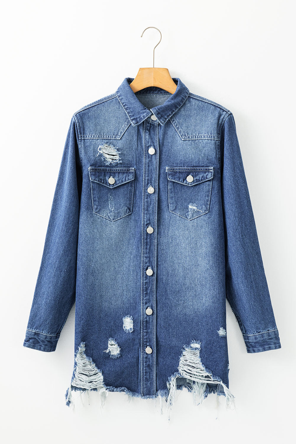 Blue Zone Planet | Sky Blue Light Wash Distressed Frayed Long Denim Jacket-Outerwear/Denim jackets-[Adult]-[Female]-2022 Online Blue Zone Planet