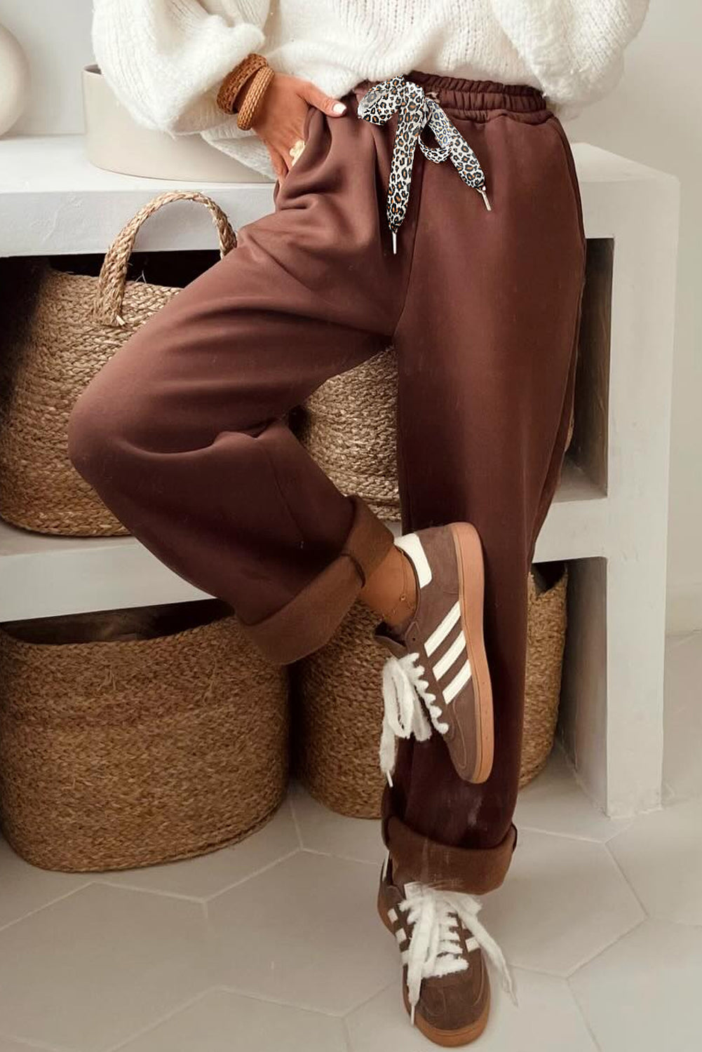 Coffee Fleece Lined Leopard Drawstring Elastic Waist Solid Pants-Bottoms/Pants & Culotte-[Adult]-[Female]-2022 Online Blue Zone Planet
