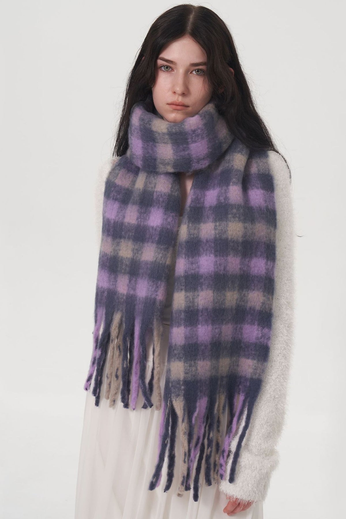 Fringe Plaid Polyester Scarf-SCARVES-[Adult]-[Female]-Lilac-One Size-2022 Online Blue Zone Planet