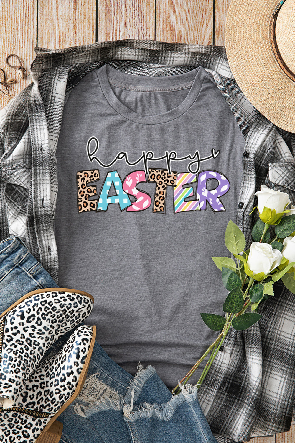 Gray Happy Easter Lettering Graphic Crewneck Tee