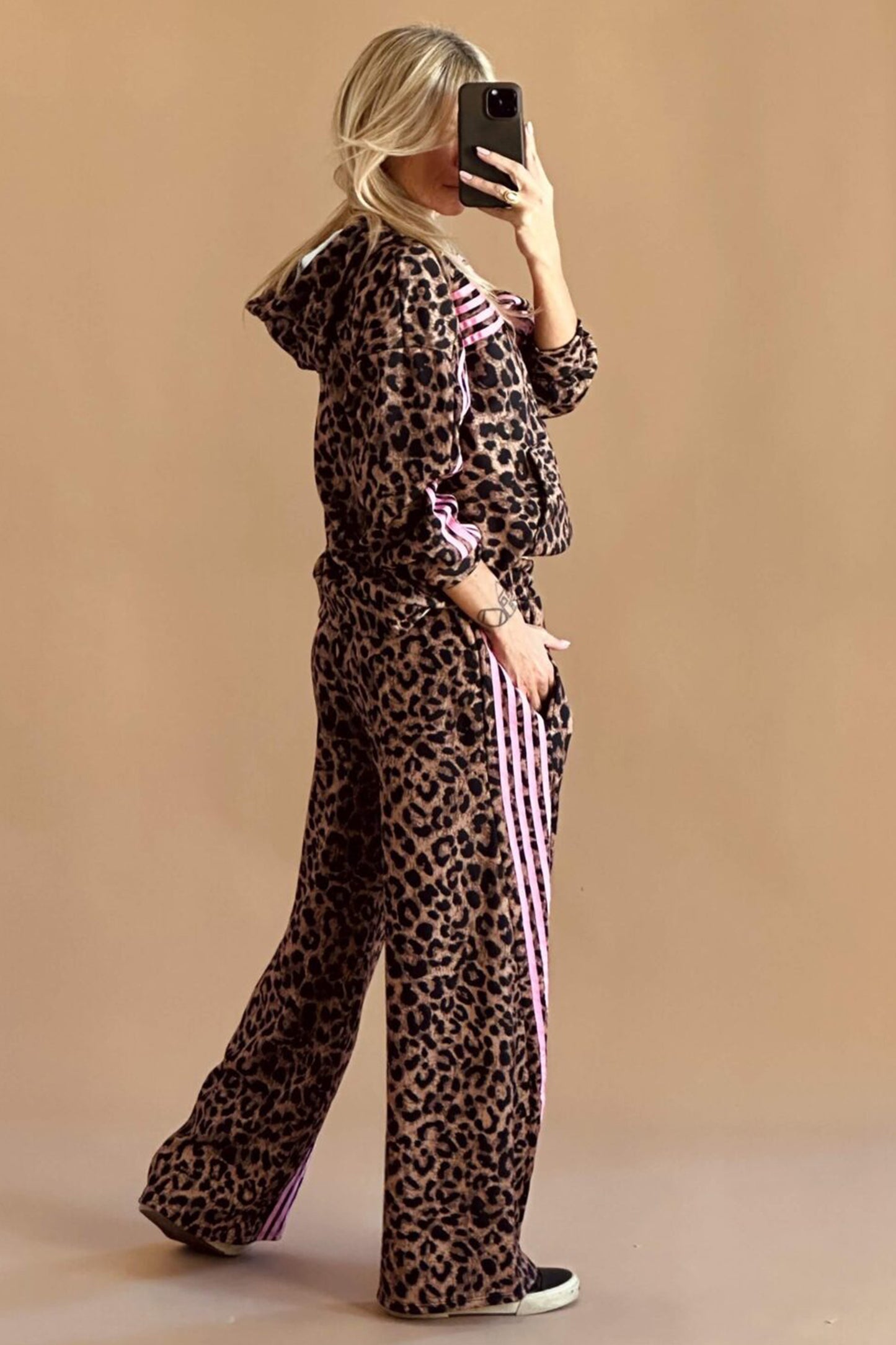 Brown Leopard Print Contrast Striped Detail Long Sleeve Top Pant Set-Two Piece Sets/Pant Sets-[Adult]-[Female]-2022 Online Blue Zone Planet