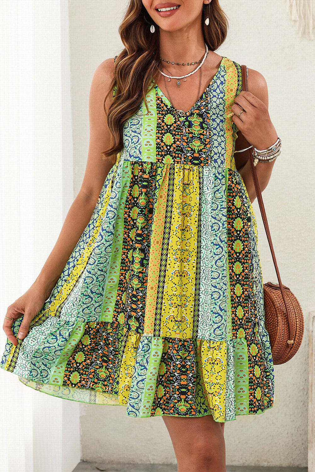 Printed V-Neck Mini Dress-TOPS / DRESSES-[Adult]-[Female]-Yellow-Green-S-2022 Online Blue Zone Planet