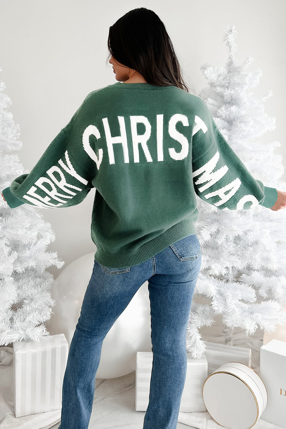 Blackish Green HO HO HO MERRY CHRISTMAS Drop Shoulder Loose Sweater-TOPS / DRESSES-[Adult]-[Female]-2022 Online Blue Zone Planet