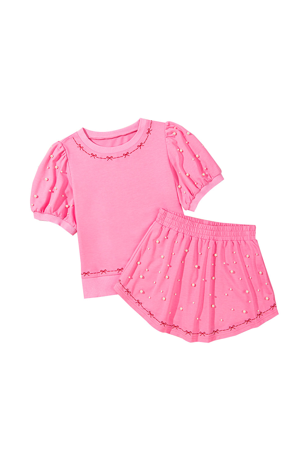 Pink Contrast Bow Trim Pearl Puff Sleeve Blouse and Skort 2pcs Set-Two Piece Sets/Short Sets-[Adult]-[Female]-2022 Online Blue Zone Planet