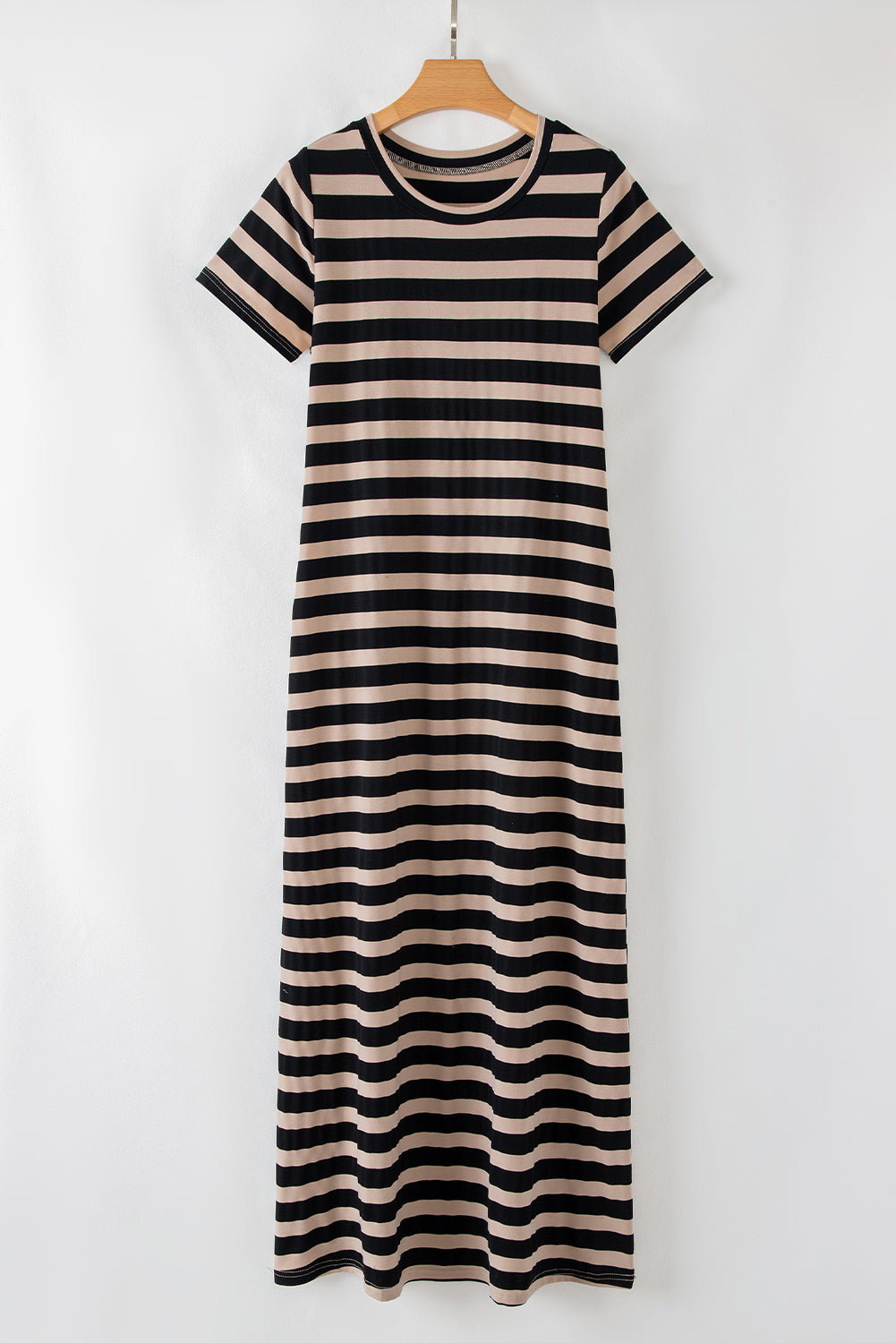 Black Stripe Casual Round Neck T-Shirt Maxi Dress With Pockets-Dresses/T Shirt Dresses-[Adult]-[Female]-2022 Online Blue Zone Planet