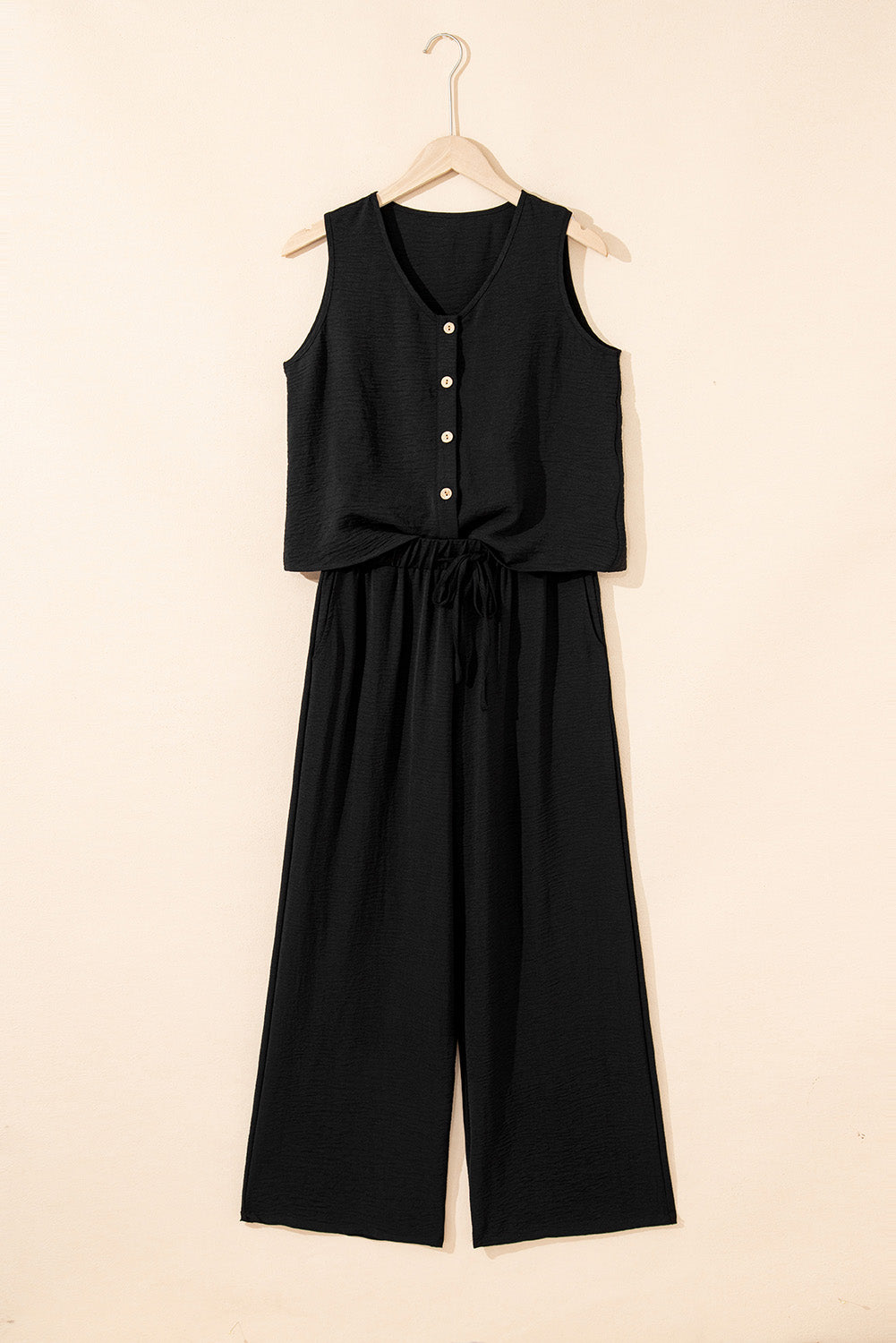 Black Buttoned Vest Drawstring Wide Leg Pants 2Pcs Set-Two Piece Sets/Pant Sets-[Adult]-[Female]-2022 Online Blue Zone Planet