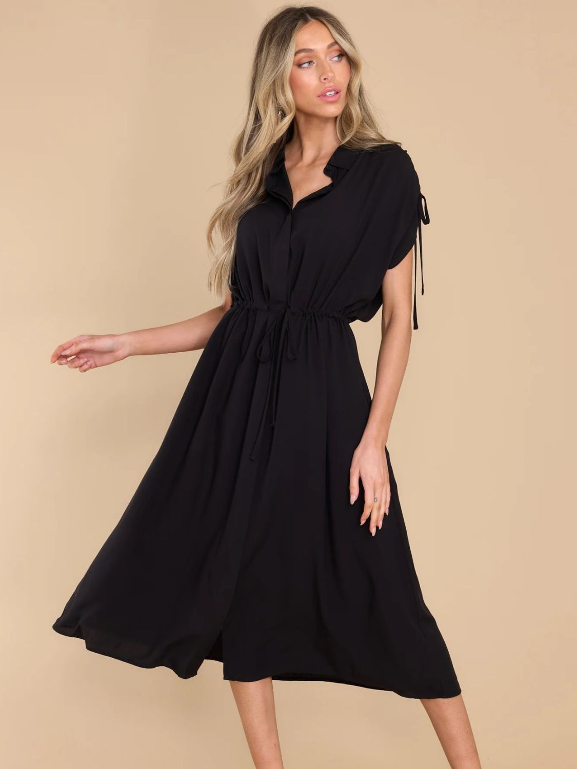 Blue Zone Planet | Drawstring Collared Neck Short Sleeve Midi Dress-TOPS / DRESSES-[Adult]-[Female]-2022 Online Blue Zone Planet