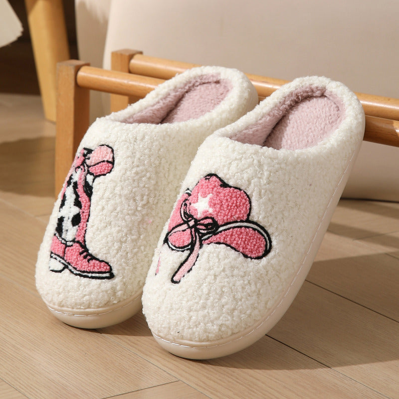 Blue Zone Planet | Cowboy pink boots hat pattern cotton slippers indoor home plush warm slippers-[Adult]-[Female]-White-36/37-2022 Online Blue Zone Planet