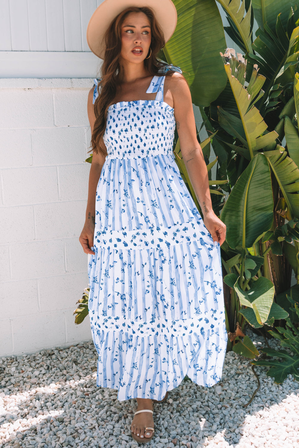 Sky Blue Floral Smocked Tied Straps A-Lined Tiered Maxi Dress-TOPS / DRESSES-[Adult]-[Female]-2022 Online Blue Zone Planet