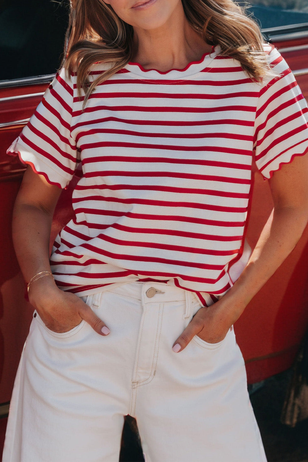 Red Stripe Scalloped Trim Round Neck T Shirt-Tops/Tops & Tees-[Adult]-[Female]-Red Stripe-S-2022 Online Blue Zone Planet