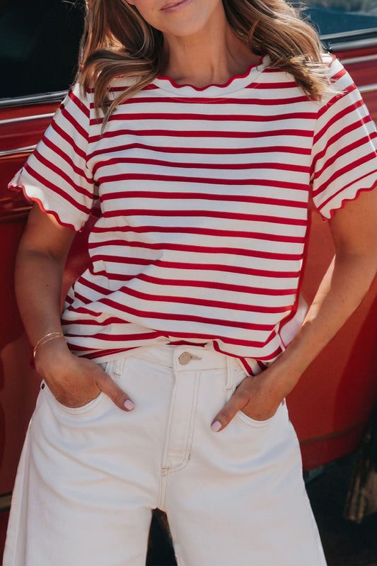 Red Stripe Scalloped Trim Round Neck T Shirt-Tops/Tops & Tees-[Adult]-[Female]-Red Stripe-S-2022 Online Blue Zone Planet