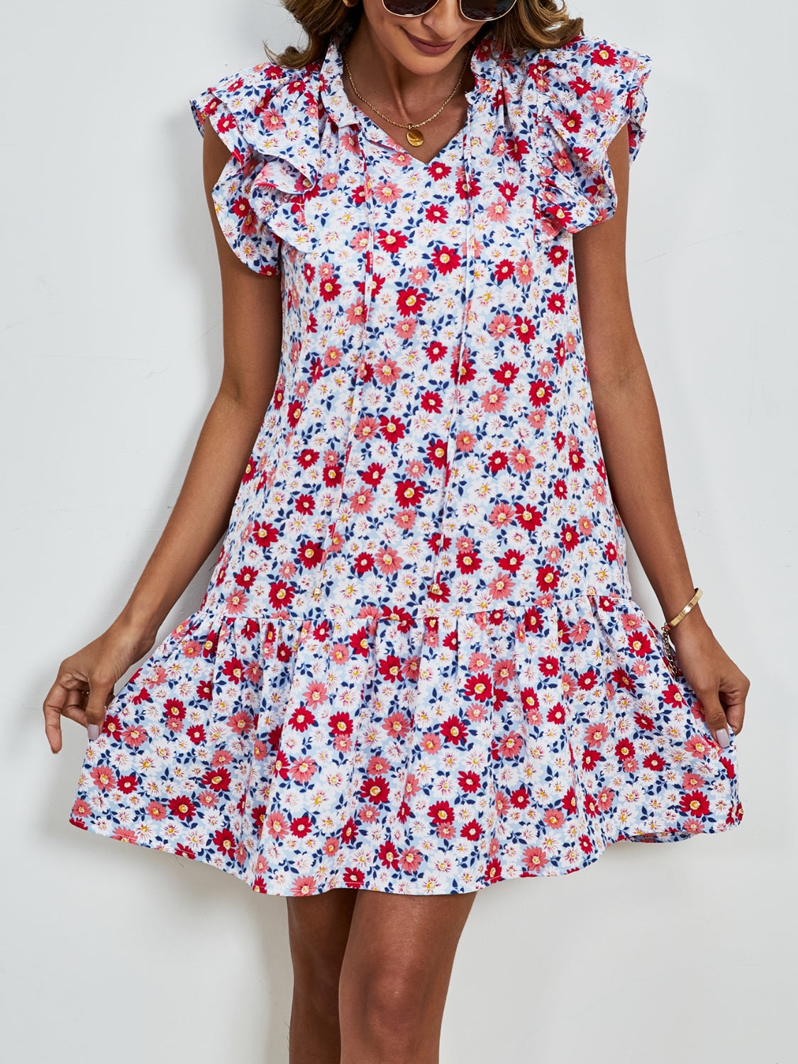 Tied Floral Cap Sleeve Mini Dress-TOPS / DRESSES-[Adult]-[Female]-2022 Online Blue Zone Planet