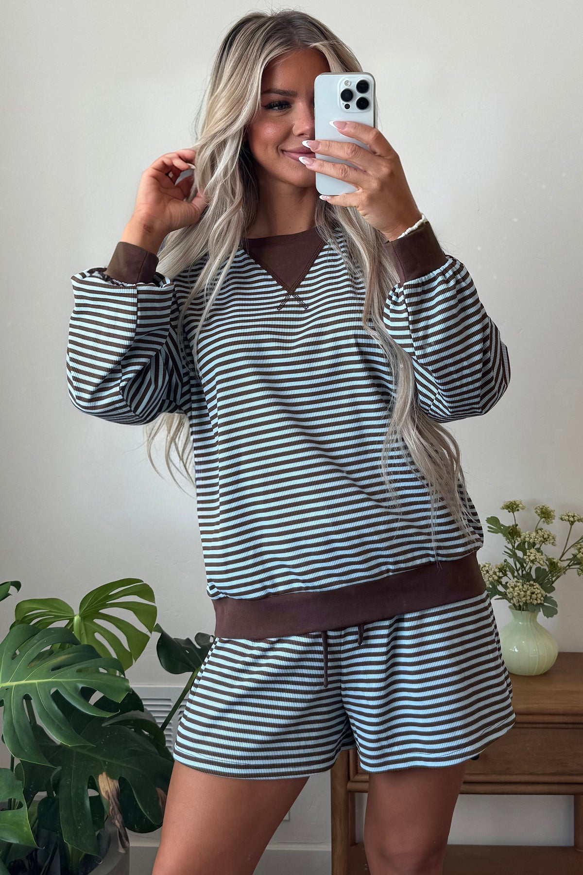 Brown Stripe Oversized Long Sleeve Top Drawstring Loose Shorts 2pcs Set-Two Piece Sets/Short Sets-[Adult]-[Female]-2022 Online Blue Zone Planet