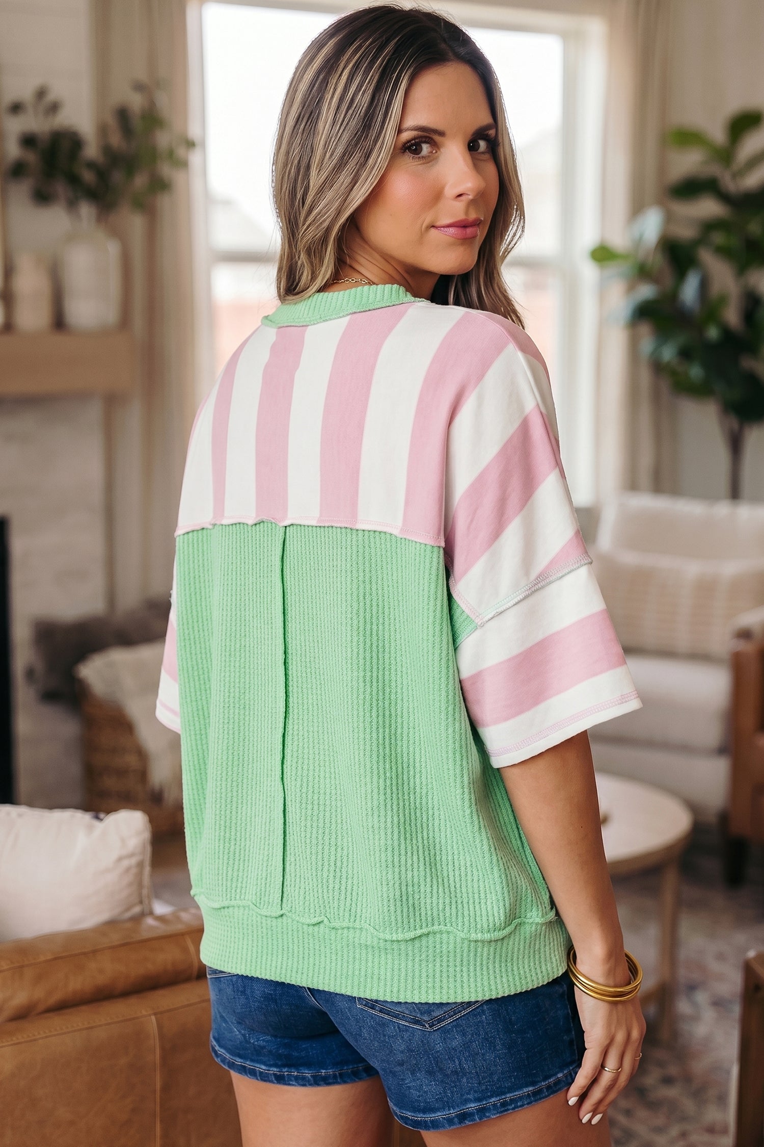 Pink Stripe Exposed Seam Ribbed Patchwork Oversized Tee-Tops/Tops & Tees-[Adult]-[Female]-2022 Online Blue Zone Planet