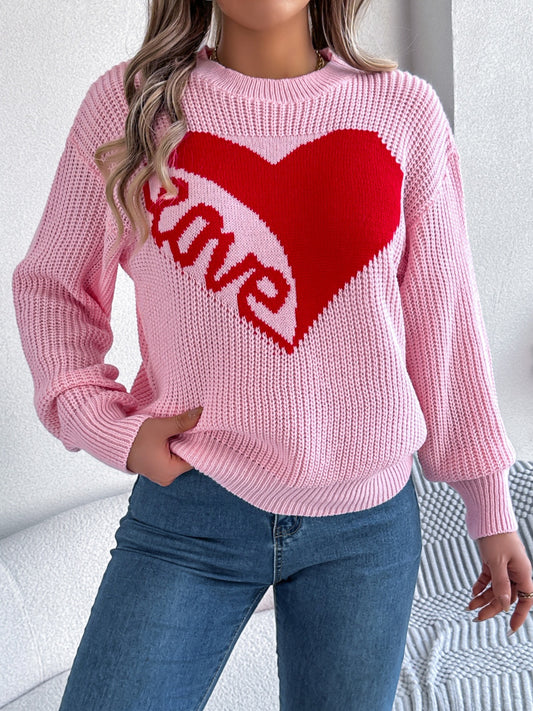 Blue Zone Planet | LOVE Heart Round Neck Dropped Shoulder Sweater-TOPS / DRESSES-[Adult]-[Female]-Blush Pink-S-2022 Online Blue Zone Planet