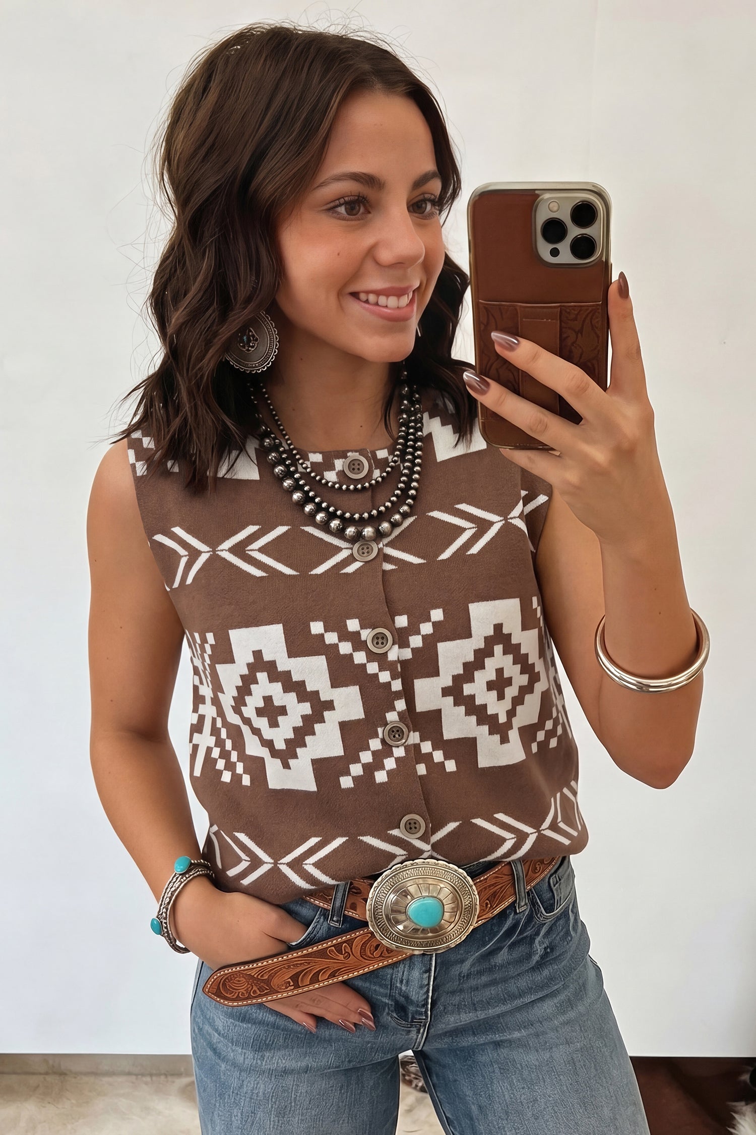 Brown Southwestern Aztec Button Square Neck Sweater Vest-Sweaters & Cardigans/Sweater Vests-[Adult]-[Female]-2022 Online Blue Zone Planet