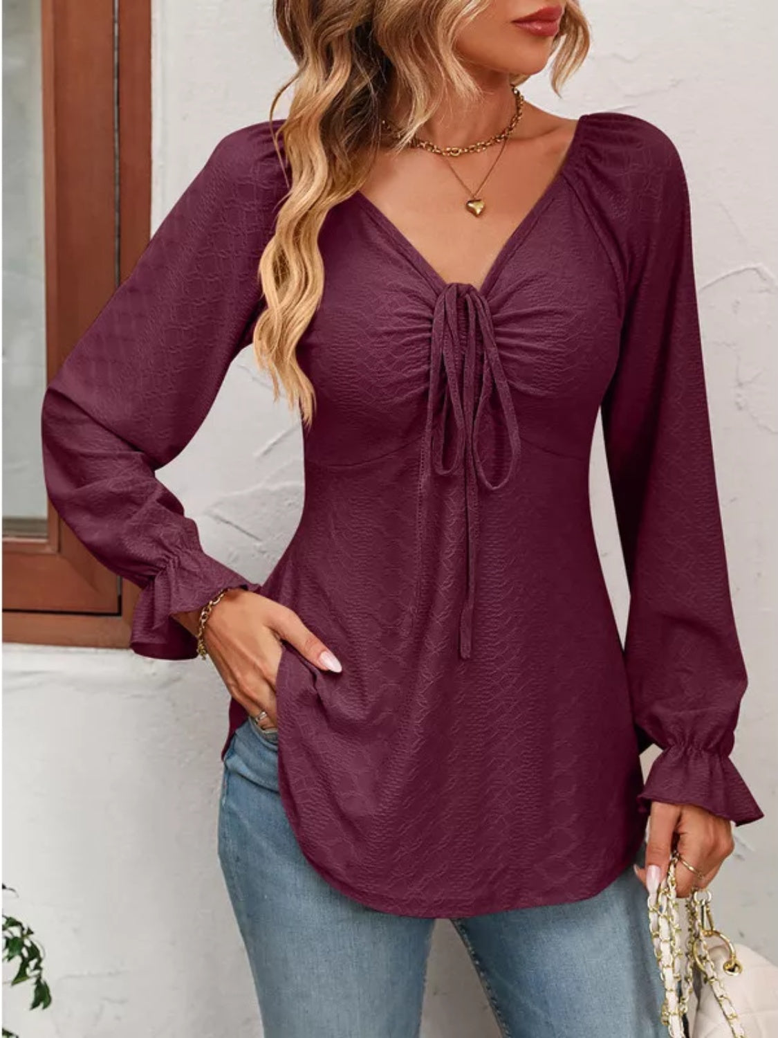 Full Size Drawstring Ruffled V-Neck Long Sleeve Blouse-TOPS / DRESSES-[Adult]-[Female]-Burgundy-S-2022 Online Blue Zone Planet