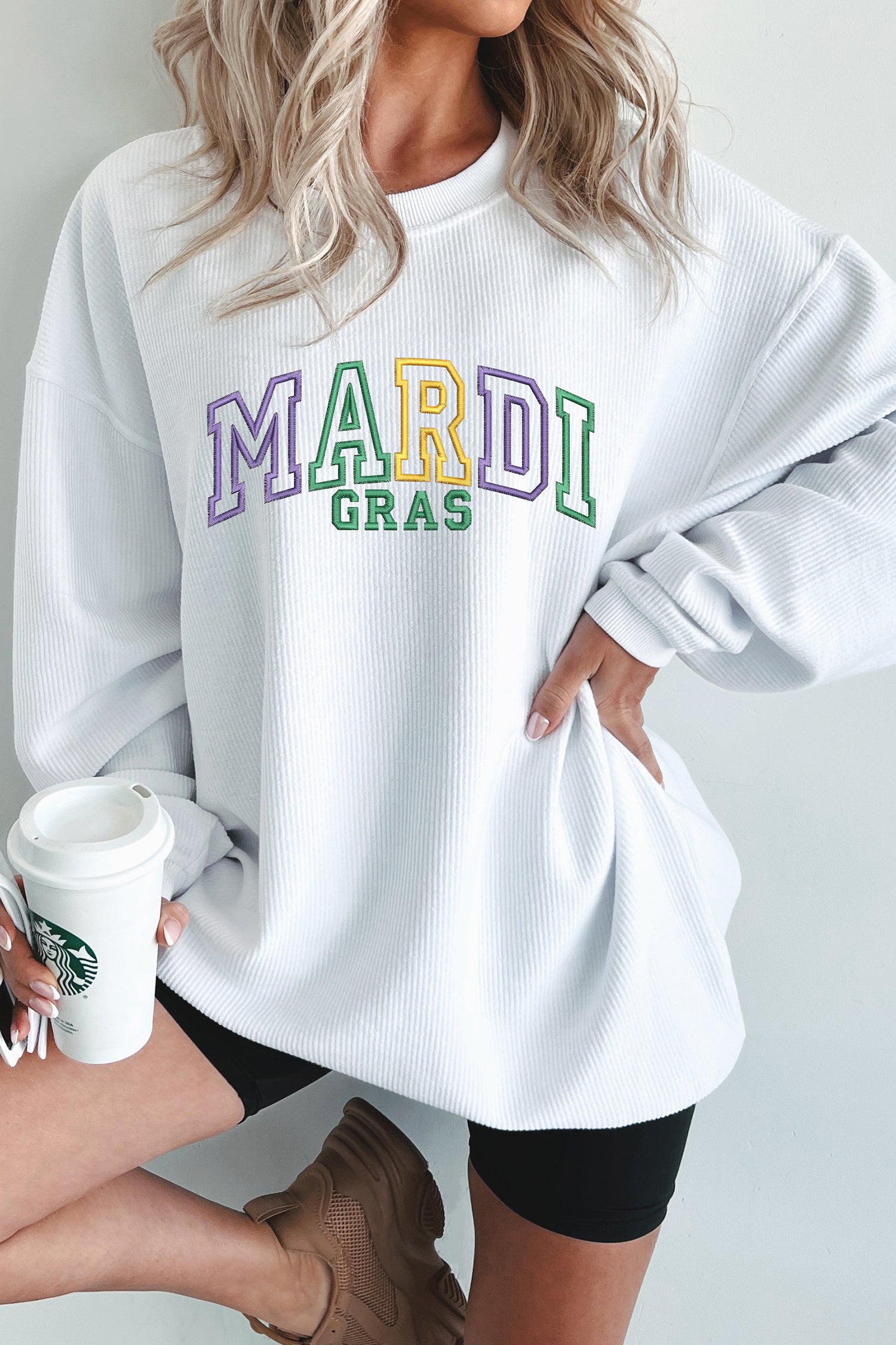 White Oversize Corded MARDI GRAS Embroidered Sweatshirt-Graphic Sweatshirts-[Adult]-[Female]-2022 Online Blue Zone Planet