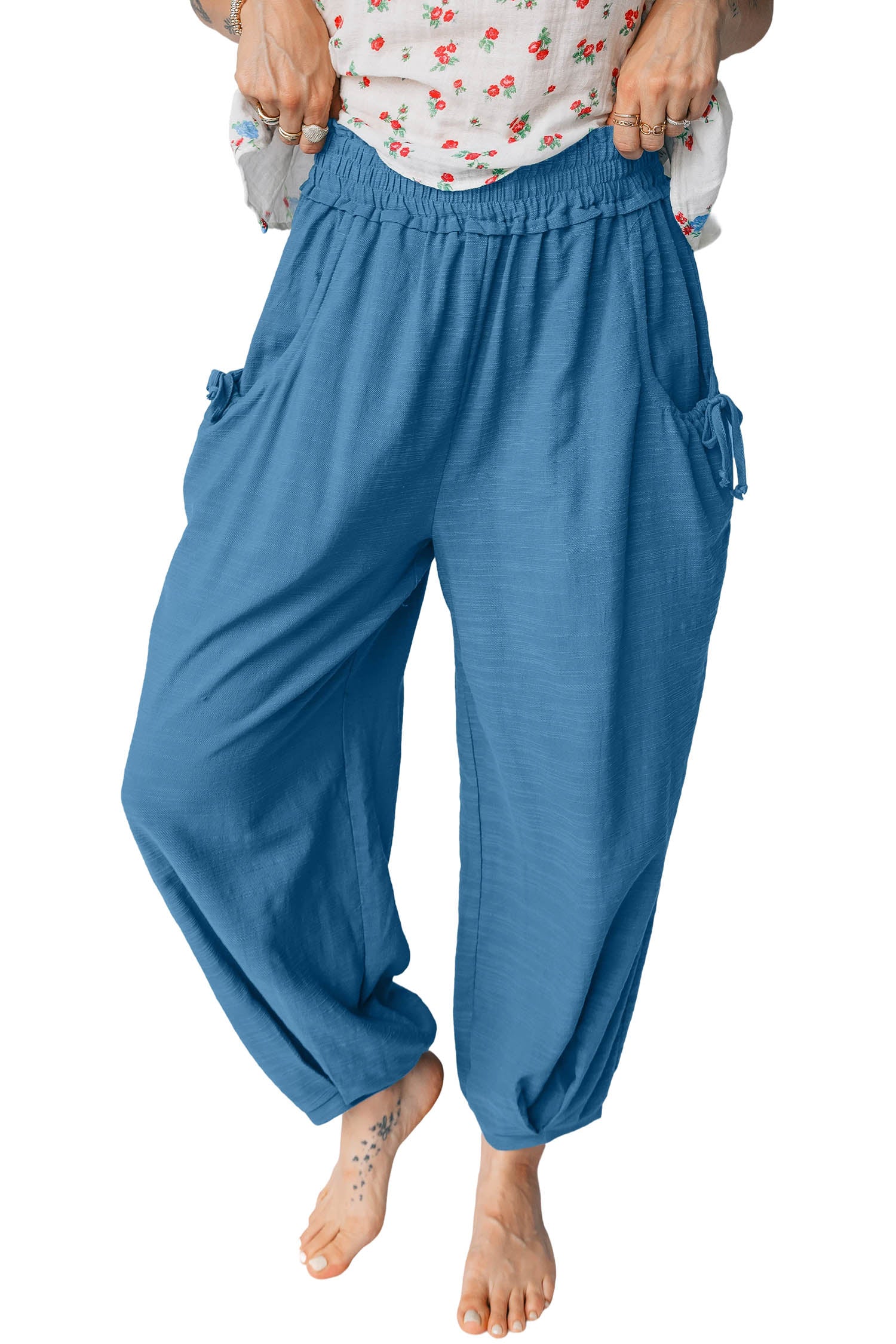 Prussian Blue Smocked Waist Casual Jogger Style Pants-Tops / Dresses-[Adult]-[Female]-2022 Online Blue Zone Planet