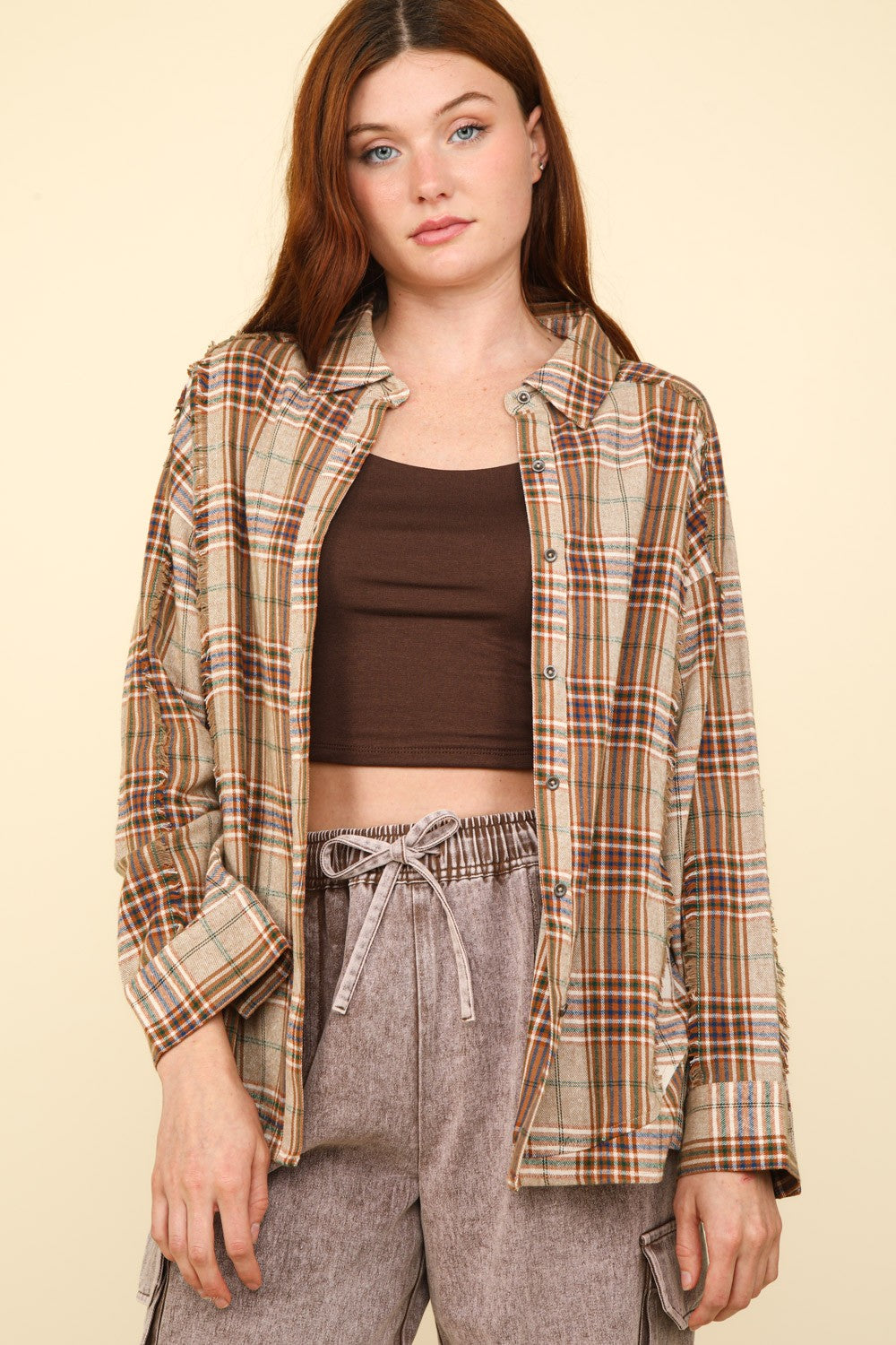 VERY J Contrast Plaid Raw Detail Shirt-[Adult]-[Female]-Taupe-S-2022 Online Blue Zone Planet