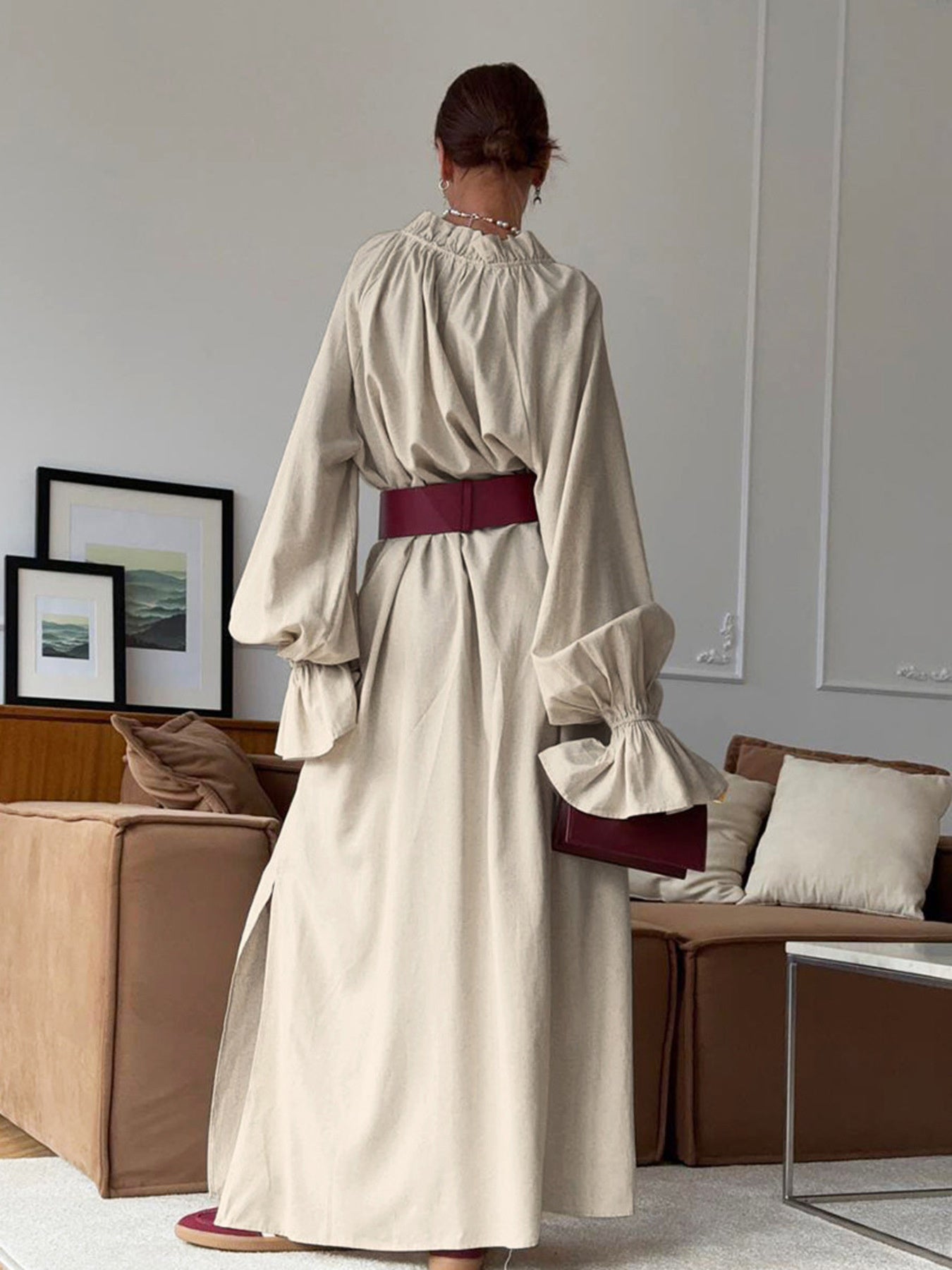 flounce long sleeve maxi dress Printed Surplice Flounce Sleeve Maxi Dress Camel / M