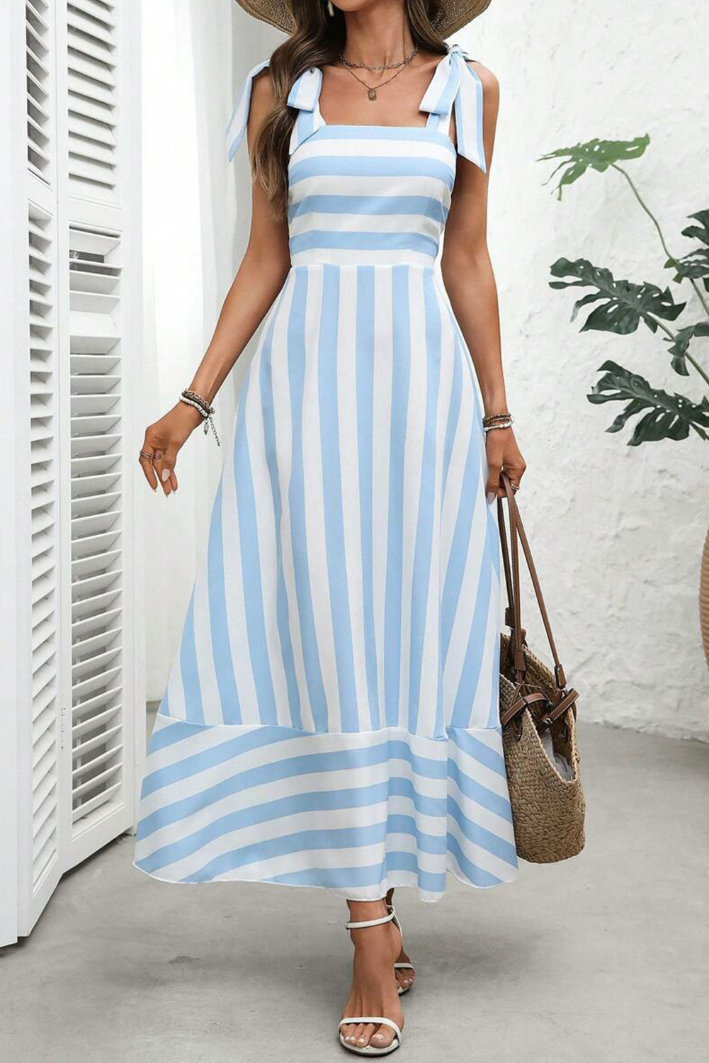 Black Geometric Striped Knot Strap Maxi Dress-Maxi Dresses-[Adult]-[Female]-Sky Blue Stripe-2XL-2022 Online Blue Zone Planet