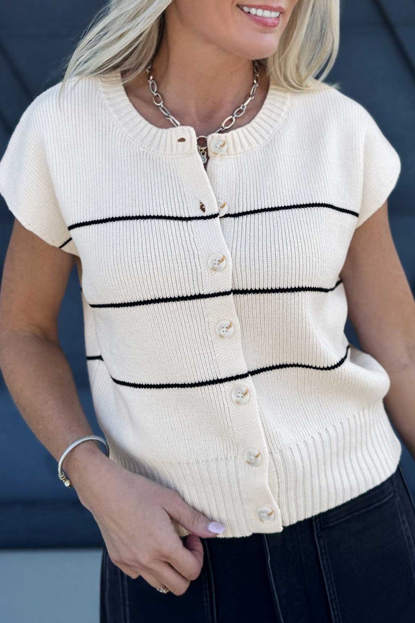 White Stripe Short Sleeve Button Front Shift Cardigan-Sweaters & Cardigans/Cardigans-[Adult]-[Female]-2022 Online Blue Zone Planet