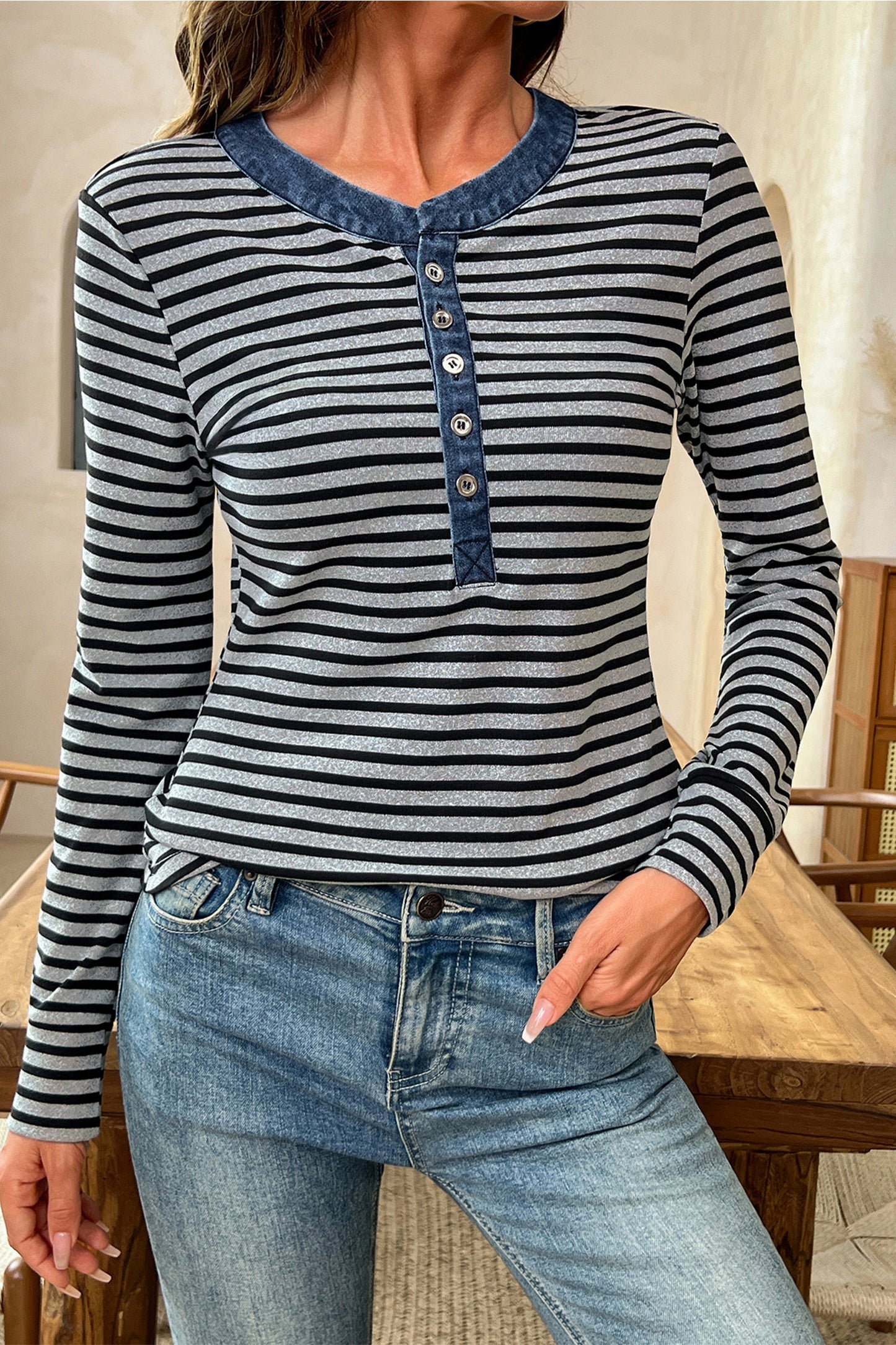 Gray Stripe Denim Contrast Collar Half Button Long Sleeve Top-Tops/Long Sleeve Tops-[Adult]-[Female]-Gray Stripe-S-2022 Online Blue Zone Planet