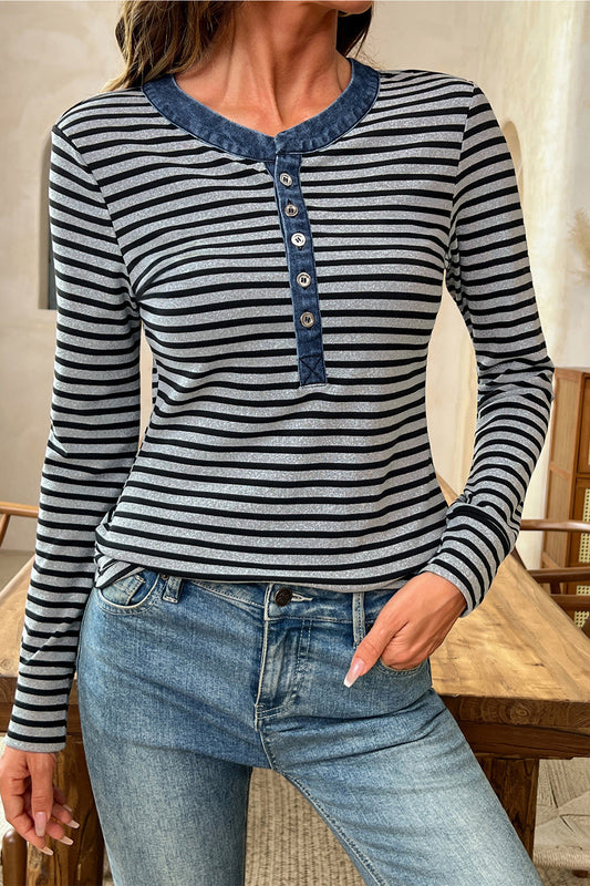 Gray Stripe Denim Contrast Collar Half Button Long Sleeve Top-Tops/Long Sleeve Tops-[Adult]-[Female]-Gray Stripe-S-2022 Online Blue Zone Planet