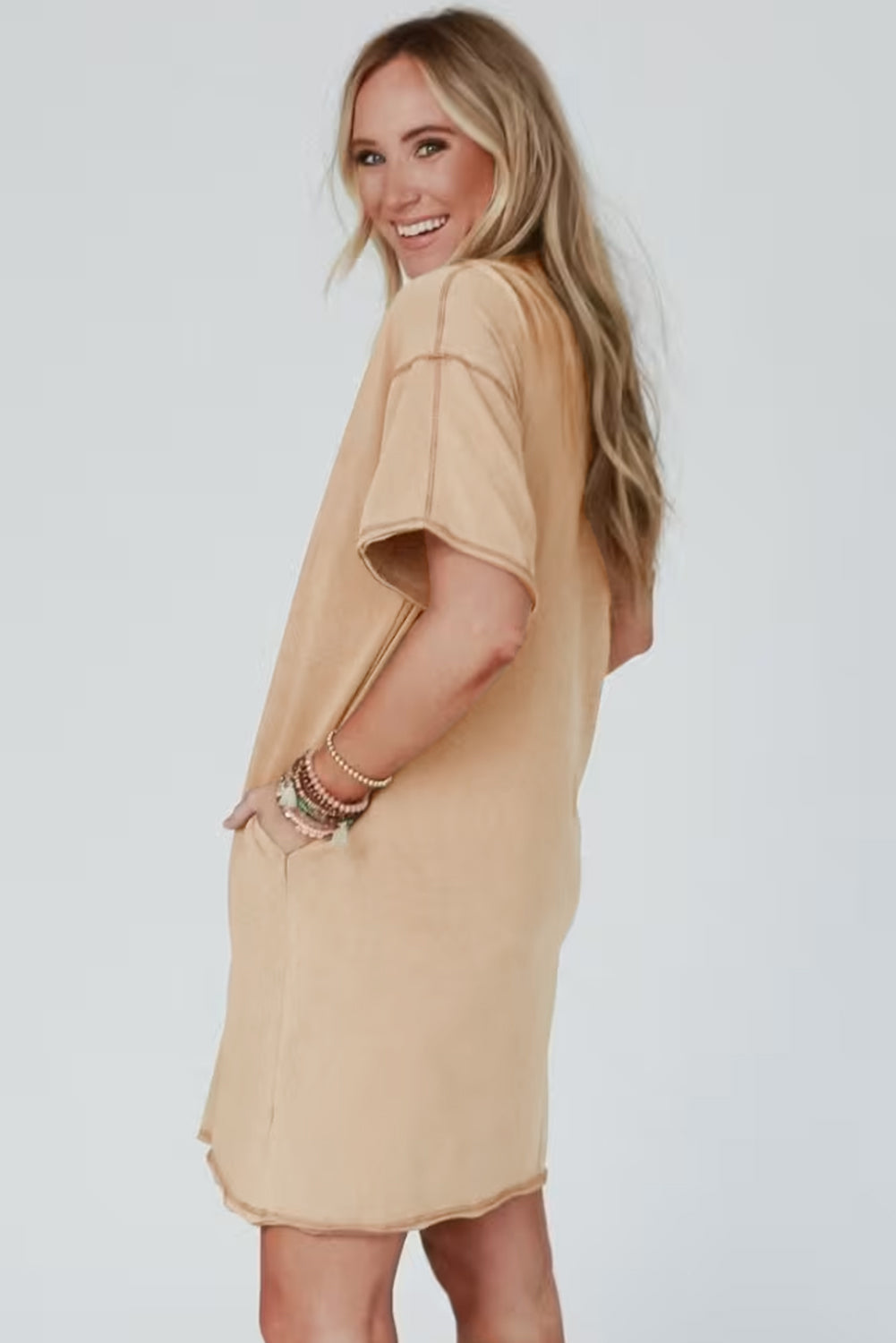Pale Khaki Mineral Wash Stud Beaded Star Graphic Pocketed T Shirt Dress-TOPS / DRESSES-[Adult]-[Female]-2022 Online Blue Zone Planet
